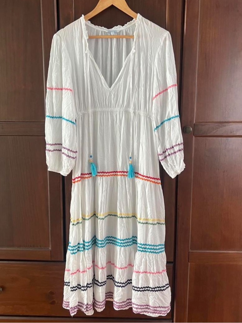 Boho Coastal White Rainbow Cottagecore Rick Rack Maxi Dress Small Tassel